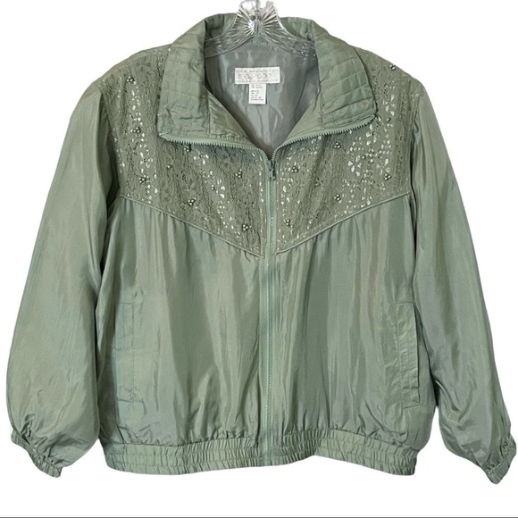 Vintage Y2K Maurada 100% Silk Beaded Lace Tracksuit Set XL Sage Jogger Jacket - Picture 3 of 16